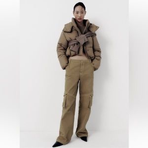 Zara Oversized Denim High Waisted Wide Leg Dark Khaki Cargo Denim Pant Jeans